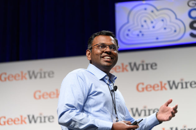 Swami Sivasubramanian, VP of AI for Amazon Web Services, speaks at the 2017 GeekWire Cloud Tech Summit.
