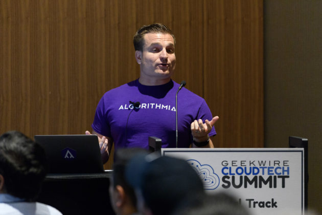 Diego Oppenheimer, CEO of Algorithmia, speaking at the 2017 GeekWire Cloud Tech Summit. (Photo: Kevin Lisota)