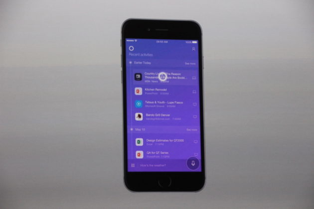 Microsoft shows off Windows Timeline running in the Cortana app on an iPhone. (GeekWire photo / Todd Bishop)