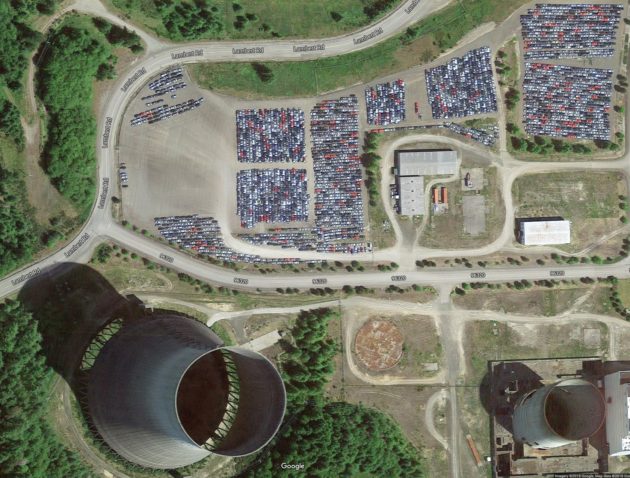 Thousands of diesel VWs await their fate in the shadow of the defunct Satsop Nuclear Power Plant in Elma, Washington