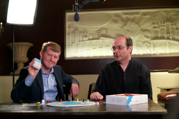 Ken Jennings and Richard Garfield with their new trivia game "Half Truth"