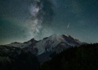 Milky Way and Perseids meteor over Mt. Rainier