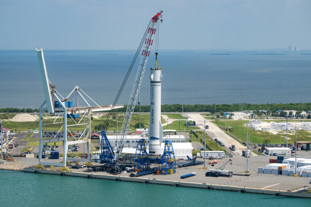 New Glenn first-stage simulator being maneuvered at Port Canaveral