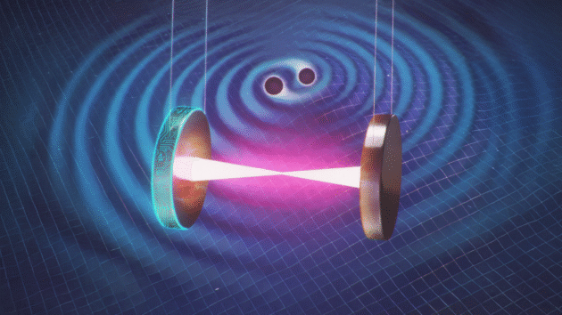 Illustration showing laser beams passing between mirrors with colliding black holes and gravitational waves in the background