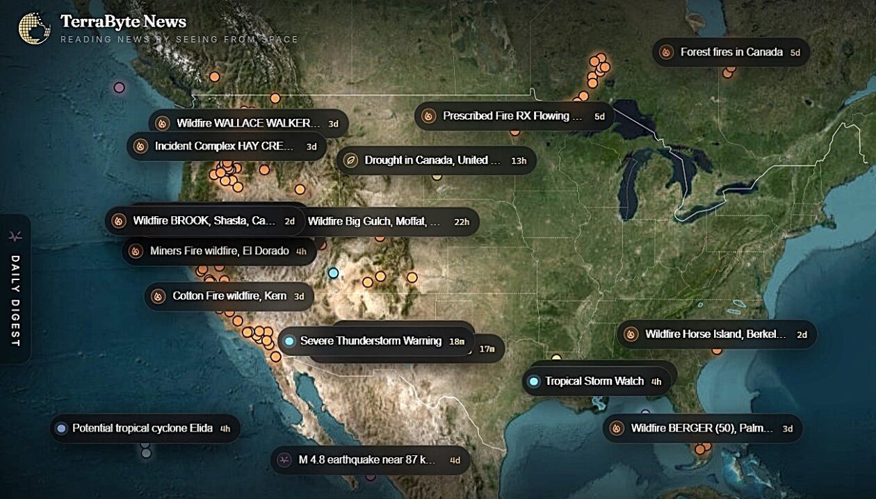 U.S. map with sites of wildfires, earthquakes and other natural phenomena pinpointed