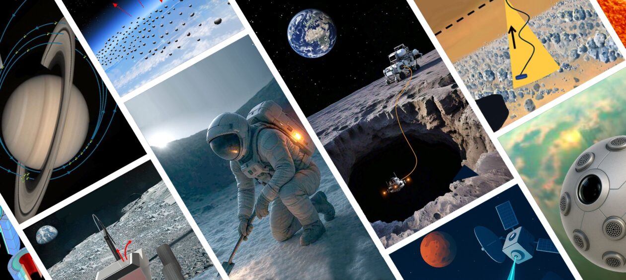 Collage of illustrations showing space research projects, including an astronaut on the moon with a glowing heater installed on backpack