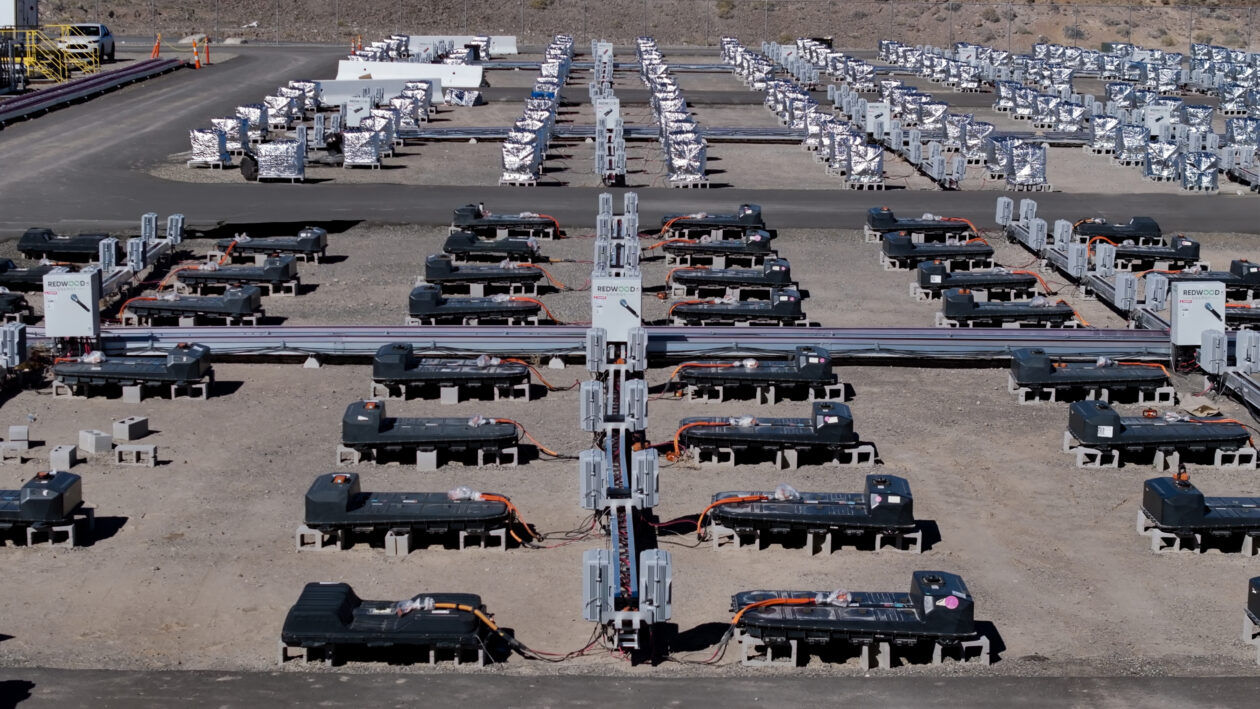 Repurposed EV battery packs plugged into the microgrid serving a data center at Redwood Materials&rsquo; campus in Nevada.